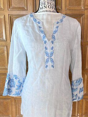J. Mclaughlin Womens Cotton Embroidered Beach Resort 3/4 Sleeve V Neck Tunic S
